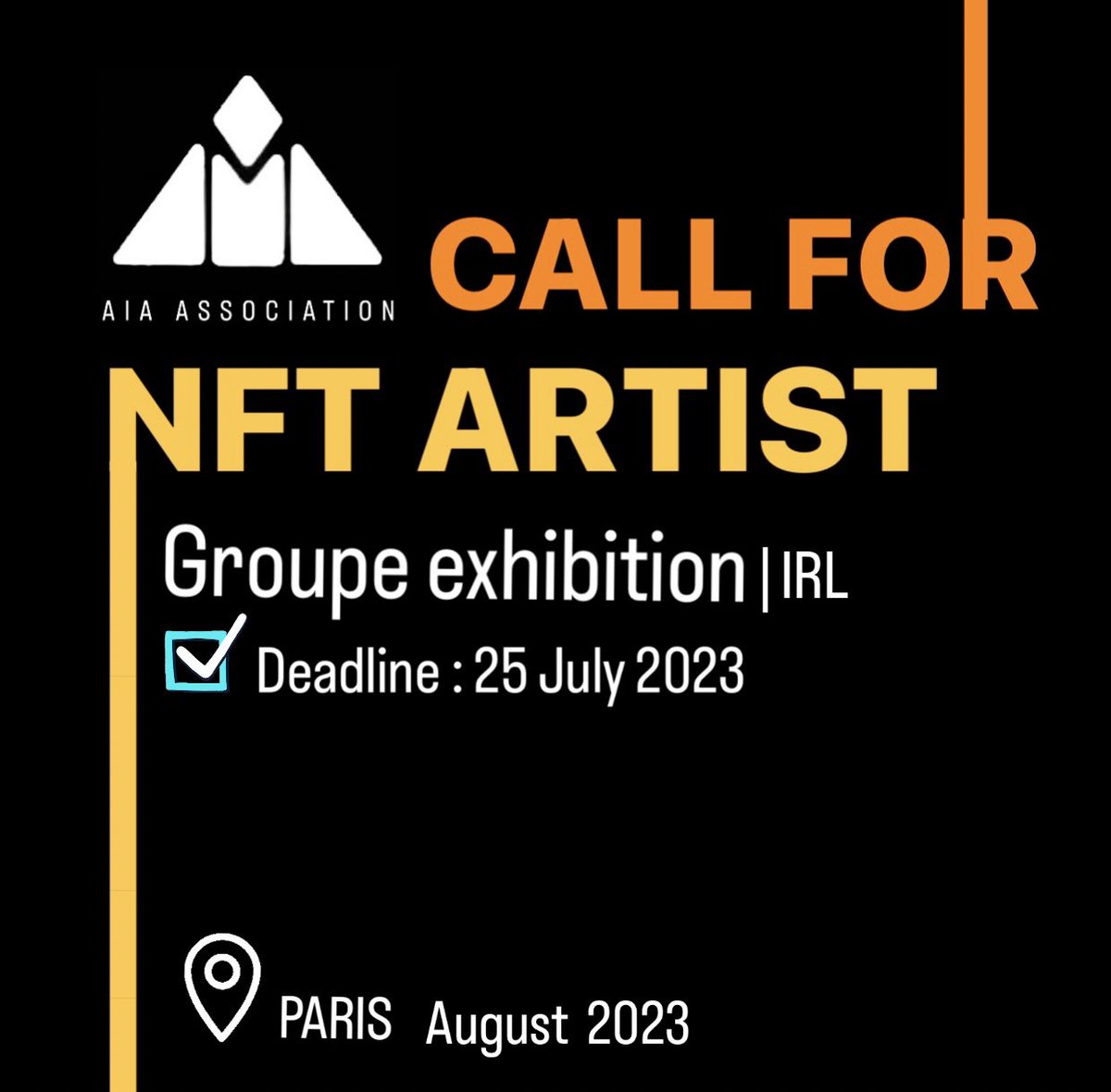 ✨ NFT IRL Exhibition ✨

❌Deadline : 3 August  2023 | 3 PM ❌

Post your NFTs for review in comment:

✅ max 3 NFT art pieces 
✅ jpg + link
✅ follow + retweet 

❗️This event is dedicated to AIA’s members❗️

📍 Paris | August 2023

#aiafrance #nftart #art