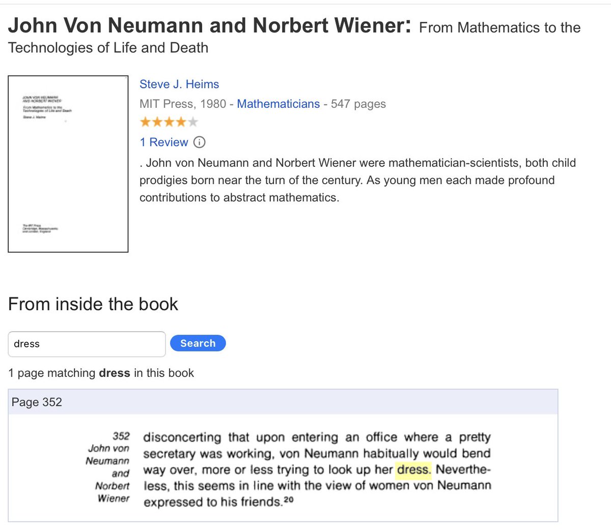 SarahDRasmussen's tweet photo. @Ananyo @pwr2dppl @WanderingPoint @stevenstrogatz I’ve seen a few sources claiming that Heims’ book recounted some problematic behaviours, but I haven’t read his book (nor do I know how reliable it is). I tried to see if Google books had any of these comments included in its scanned sections, and found this: https://t.co/Jl49beaGRh