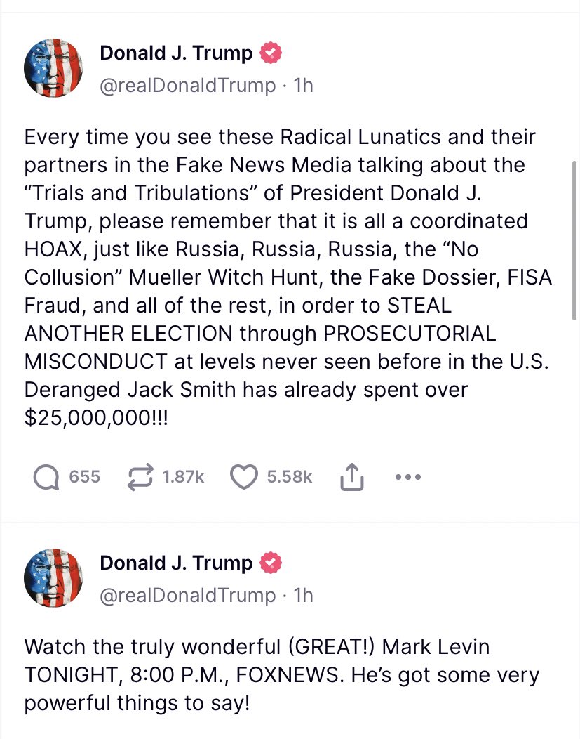 RpsAgainstTrump's tweet photo. Donald Trump has been ranting on Truth Social nonstop in the last few hours. This comes as people report seeing media trucks outside the federal DC courthouse.

This is clearly a sign that indictments against Trump are imminent. 

I’m ready!!! 🍾🍾🍾 https://t.co/0Jdsvddp3w