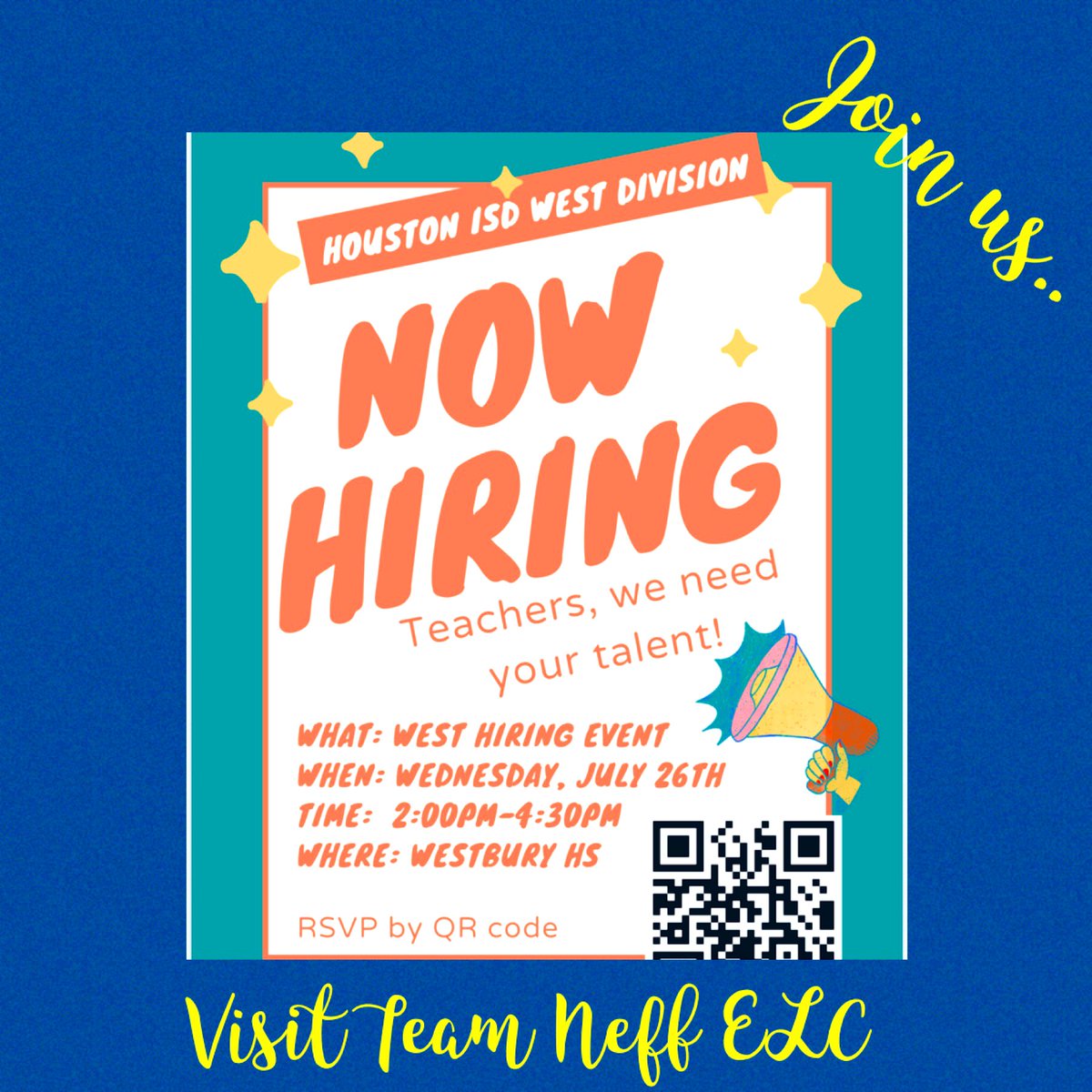 Join Team Neff ELC on Wednesday, July 26th for the West Division Hiring Event! Stop by our table for a sweet treat and to learn more about our two current  teacher vacancies: 
1. Pre-K ESL
2. PALs Self-continued SPED
We look forward to meeting you! 

-Neff ELC <a href="/HISD_West/">🚨 This page is no longer active! 🚨</a>