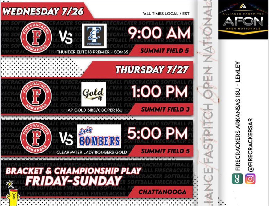 Schedule for Chattanooga! I will not be able to be there for our first game, but am looking forward to the rest of the week. Come out and watch some of my extremely talented uncommitted teammates!🧨 <a href="/JAnderson_Coach/">Jason Anderson</a> <a href="/mollymcarter_/">Molly Carter</a> <a href="/FirecrackersAR/">Firecrackers Arkansas</a>