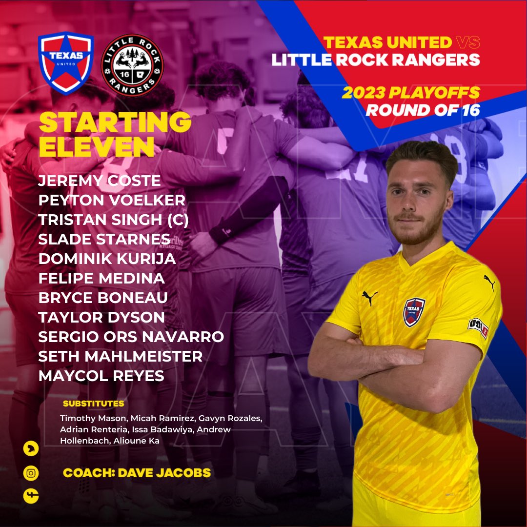 🚨CONFERENCE SEMIFINALS XI🚨

⭐️Here’s the starting eleven for Texas United against Little Rock Rangers in the southern conference semifinal!

#vamostexasunited