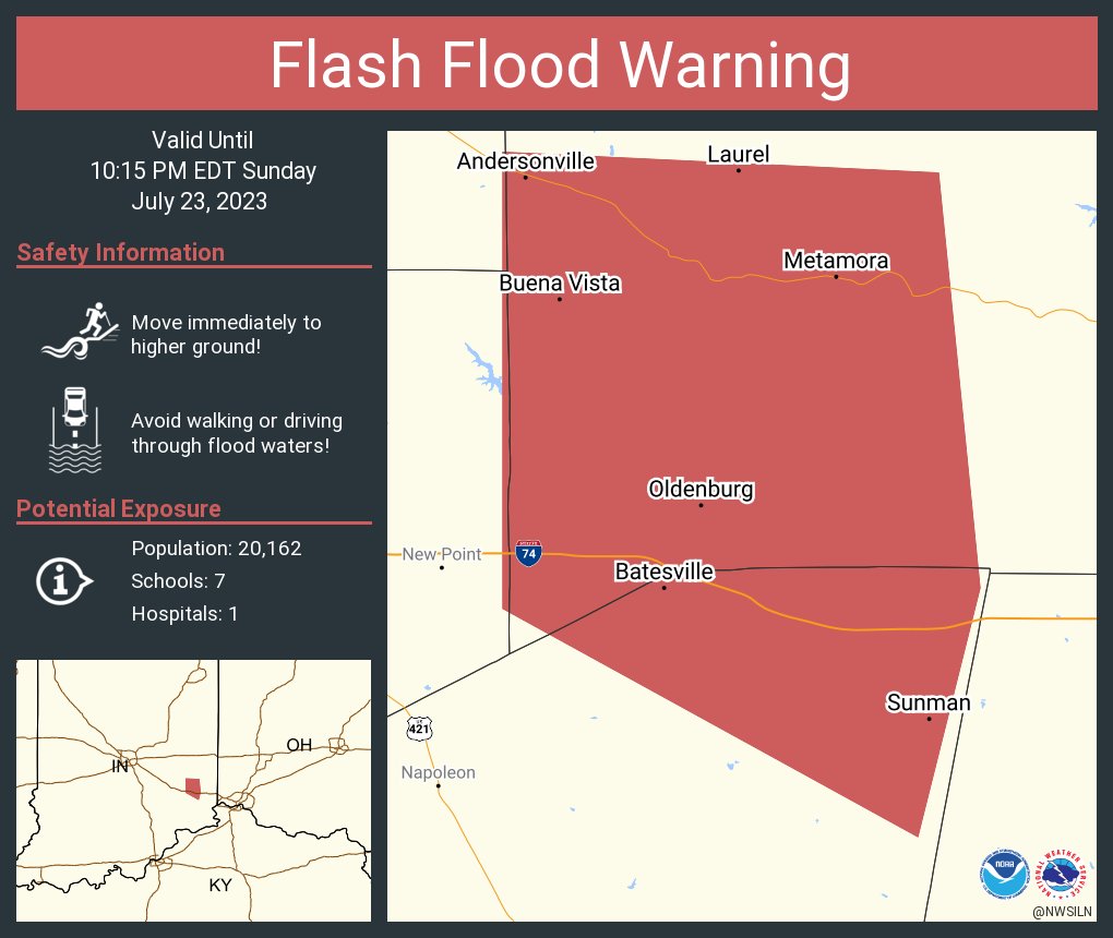 RT @NWSILN: Flash Flood Warning including Batesville IN, Sunman IN and  Oldenburg IN until 10:15 PM EDT https://t.co/RN39A2IyQH