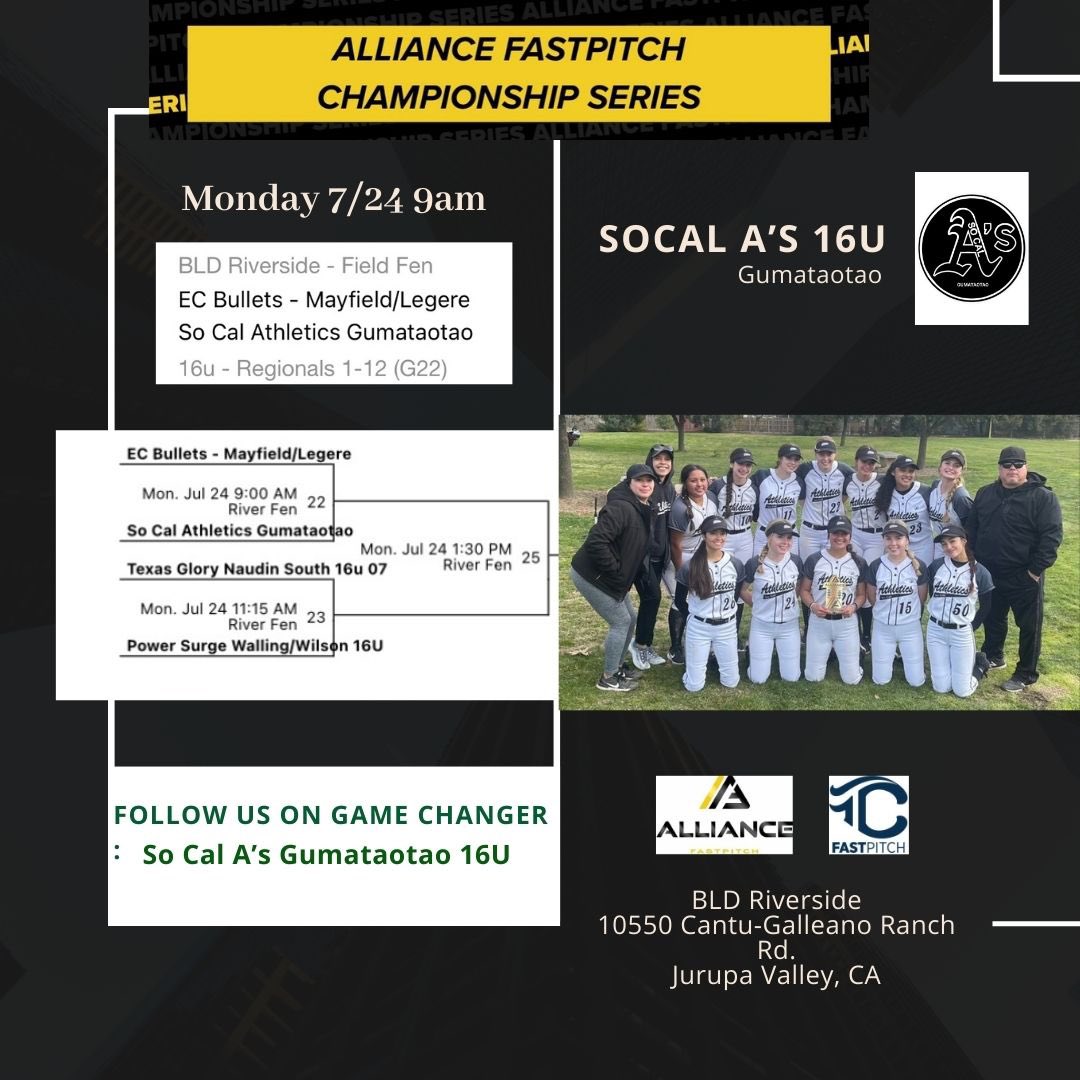 So Cal Athletics Gumataotao (@scas_gumataotao) on Twitter photo Tomorrow morning at 9am we start AFCS Regionals at BLD Riverside. Follow us on GameChanger: So Cal Athletics Gumataotao 16U. <a href="/TCSFastpitch/">TC Fastpitch</a> <a href="/thealliancefp/">The Alliance Fastpitch</a> <a href="/CoachKiSoCalAs/">Kiana Gumataotao</a> <a href="/CoachAmanda03/">Coach Amanda</a> Tomorrow morning at 9am we start AFCS Regionals at BLD Riverside. Follow us on GameChanger: So Cal Athletics Gumataotao 16U. <a href="/TCSFastpitch/">TC Fastpitch</a> <a href="/thealliancefp/">The Alliance Fastpitch</a> <a href="/CoachKiSoCalAs/">Kiana Gumataotao</a> <a href="/CoachAmanda03/">Coach Amanda</a>