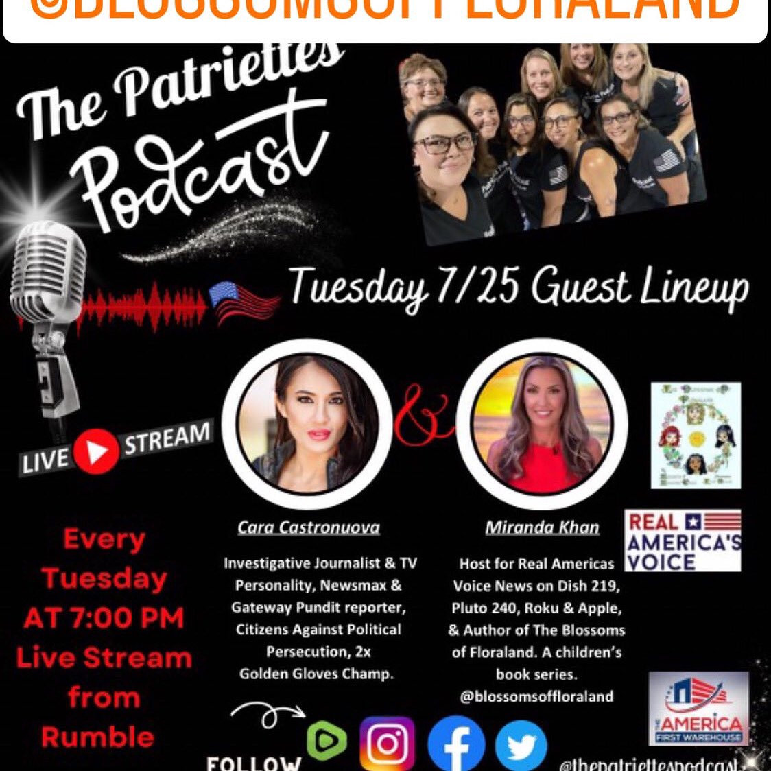 BFloraland's tweet photo. Are you ready to blossom? Join us with @ThePatriettes this Tuesday night 7/25 at 7pm ET when we discuss Blue Discovers Floraland and @RealAmVoice newest 4pm ET show with guardian of the blossoms @RealMirandaKhan and @RealDrGina. https://t.co/3WACe9RX9o