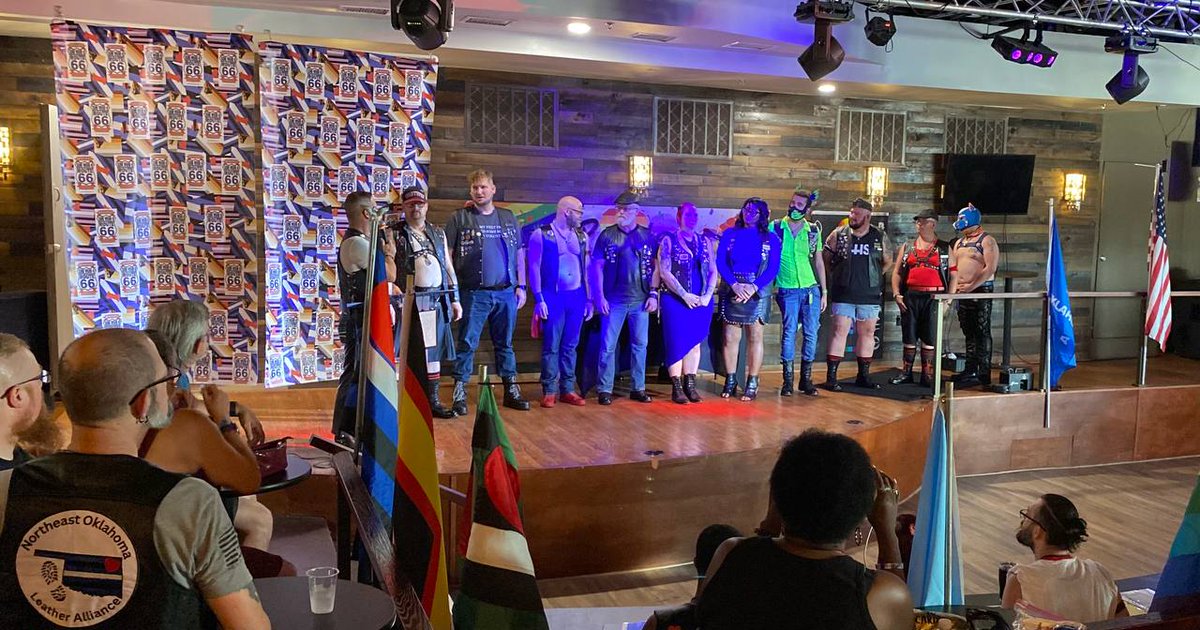 Saz_erac's tweet photo. And that's a wrap! These dogs make these trips way too fun🥰. OKC Kink Weekend &amp; The Route 66 contest were a blast, already looking forward to next year!! Show Me Leather Contest up next, to support our orange dog.

💛@Lykos_pup
❤️@tobiasthered 
🧡@Degenerate_dawg https://t.co/ZVv69RQsuD