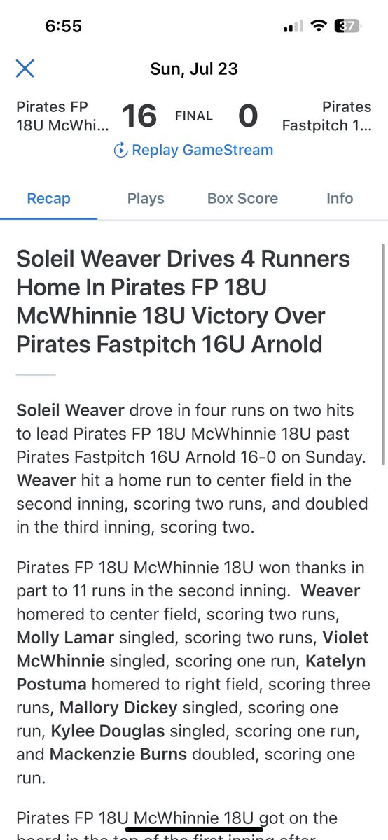 SoleilWeaver's tweet photo. We concluded our season with a 5-0 record winning the Pirates Midsummer Classic! I hit .400 overall and had 2 homers in the last two games &amp; MVP in semis. This season concluded with me hitting .373, obp of .472, 50 hits, 6 💣s, and 34 stolen bases. Thank you Pirates Fastpitch💗 https://t.co/b8hRJNaAlW