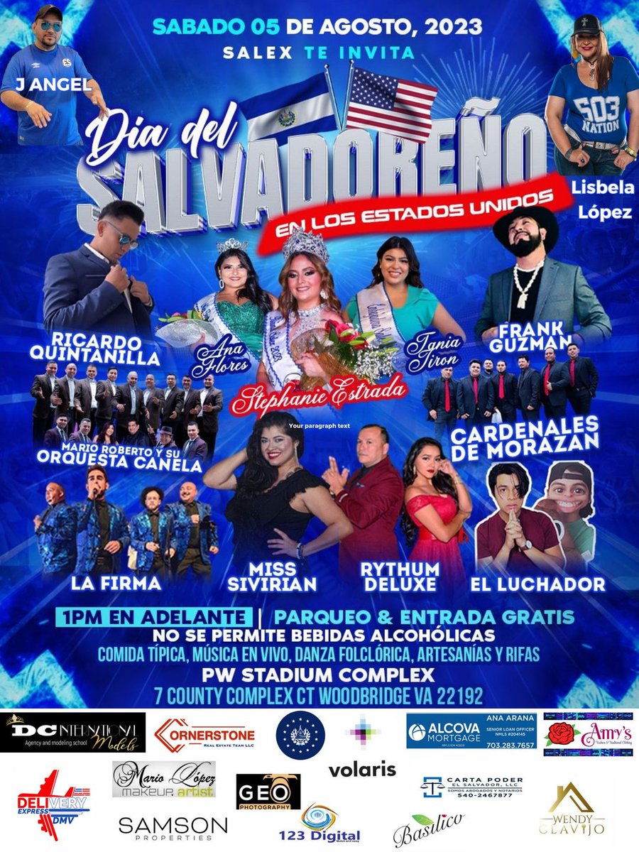Dia De El Salvadoreño 2023 🇸🇻🇺🇲
Sabado 5 de Agosto📇
De 1 PM a 8 PM🕖
7 County Complex Ct, Woodbridge VA📍
Entrada y Parque "Gratis"✔️
Musica en vivo, comida tipica, artersanias, y mucho mas!
NO SE PERMITEN BEBIDAS ALCOHOLICAS #ElSalvador #Salvadoreño #FESTIVAL #pupusas #Musica