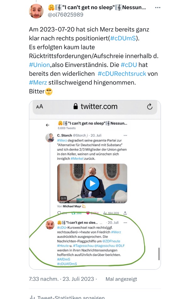 ol76025989's tweet image. Offizieller cDU-Kurswechsel auf Rechtsaußen:Datum-&amp;gt;2023-07-20:cDU und #Merz sind rechts,bestätigt auch d.d. seit Tagen laut-schweigende #Union(spätestens seit #cDUmS #cDUAfDmS).
Alle #cDU-Politiker*,welche nicht den Rücktritt fordern,ebenfalls.
Heute-&amp;gt;2023-07-23-&amp;gt;rechts erneuert.