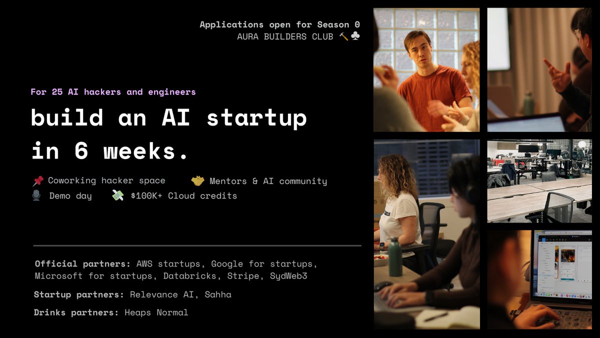 Annie L ❤️🔥 (@annieliao_2000) on Twitter photo We are launching Australia's first hacker residency for 25 AI Engineers and Enthusiasts! 🚀🤖
💸Benefits: coworking hacker space, $100K+ credits, mentors + demo day to top tier VCs! 
Apply here: auraaibuilders.com
Partnered and supported by many amazing companies! We are launching Australia's first hacker residency for 25 AI Engineers and Enthusiasts! 🚀🤖
💸Benefits: coworking hacker space, $100K+ credits, mentors + demo day to top tier VCs! 
Apply here: auraaibuilders.com
Partnered and supported by many amazing companies!