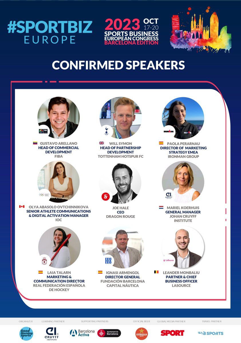 First confirmed speakers of #SPORTBIZEUROPE. Industry executives from various sports will converge at the Sports Business European Congress to tackle the ever-evolving challenges of the ecosystem. We’ll meet again this October in #Barcelona, from the 17th to 20th. Be part of it!