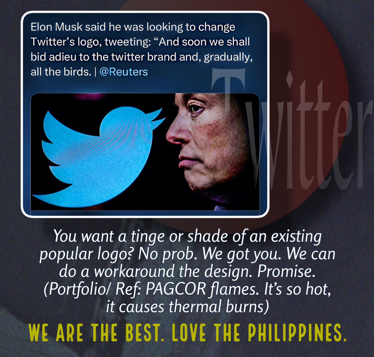joel_gregorio's tweet photo. You need not look elsewhere, sir. Go East, Mr. Musk. 

We don’t say “Love The Philippines” just for the heck of saying it. We have the best creative &amp; most innovative logo designers on the planet. We customize your brand graphics to suit your specific needs. #TweetMeRight https://t.co/Oae0sxkHbX