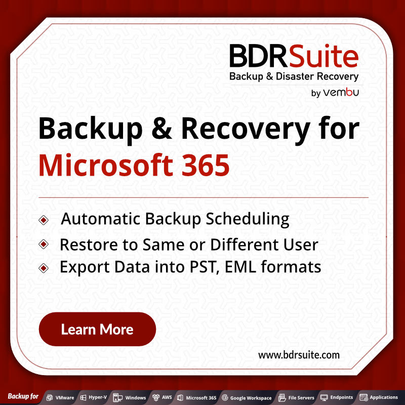 Backup your Microsoft 365 data - Mails, Contacts, Calenders, OneDrive, Group Drive, Sites & Teams and store backup data either on local storage or on Cloud. Download BDRSuite Free Trial now.https://t.co/v8n1MZng11 https://t.co/17CDa5L42y