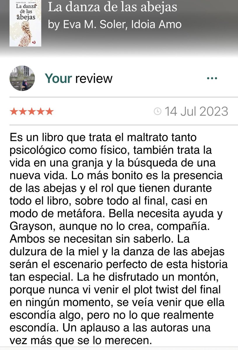 <a href="/libertyeagle20/">Sandra Moya</a> <a href="/HGreemwood/">Hermanas Greemwood</a> <a href="/Irene_Romo_/">Irene Romo</a> <a href="/anissabdamom/">Anissa B. Damom</a> <a href="/youngkiwi_ed/">YOUNG KIWI</a> <a href="/sarahvalentinex/">Sarah Valentine</a> <a href="/VeronicaMengual/">Verónica.</a> <a href="/DaisyScarlett/">Scarlett Butler</a> Mi septuagésima tercera lectura ha sido: La danza de las abejas de <a href="/ieautoras/">Eva & Idoia</a>