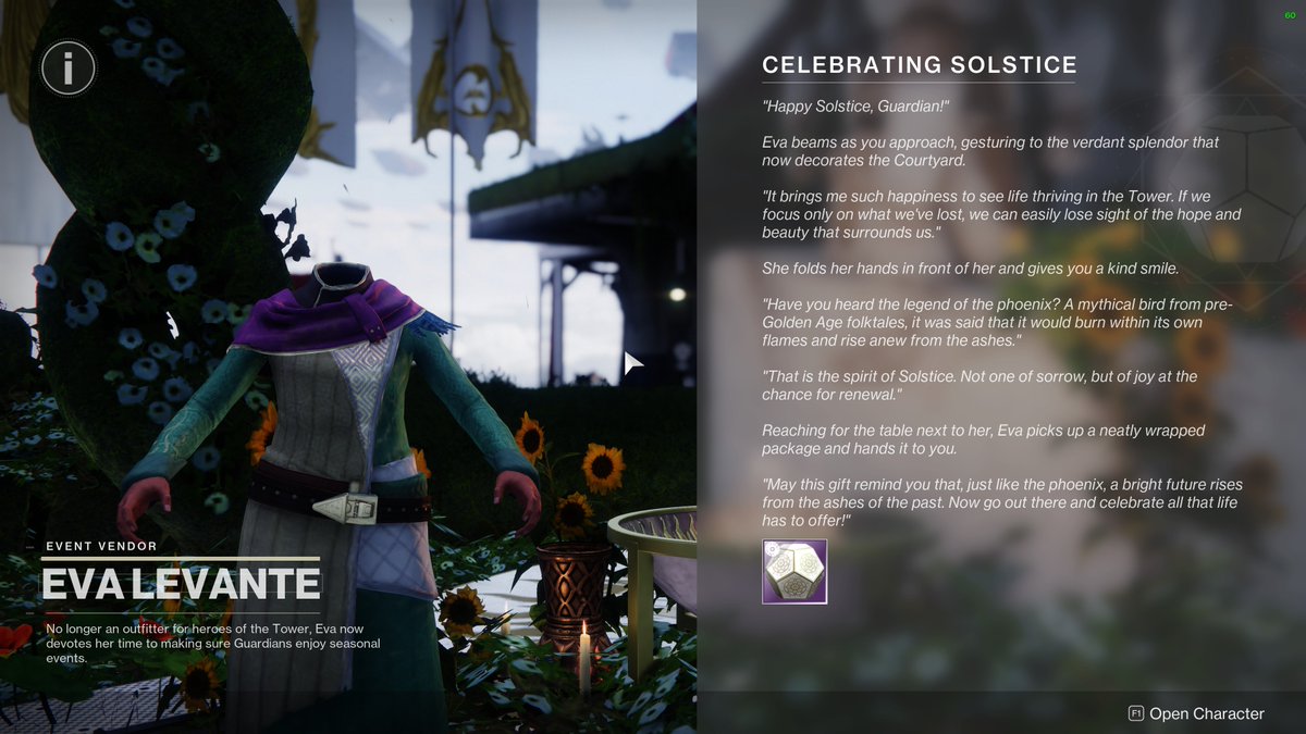 SleeveGeek's tweet photo. And then presently I went to the Tower, to begin my Solstice merrymaking - when I discovered a horrific sight.

For lo, when I approached the quest-giver, it was not the picture of warmth I had become accustomed to seeing.  It was ...

The Ghost of Eva Levante!

#destiny2 https://t.co/yPOezfHy73