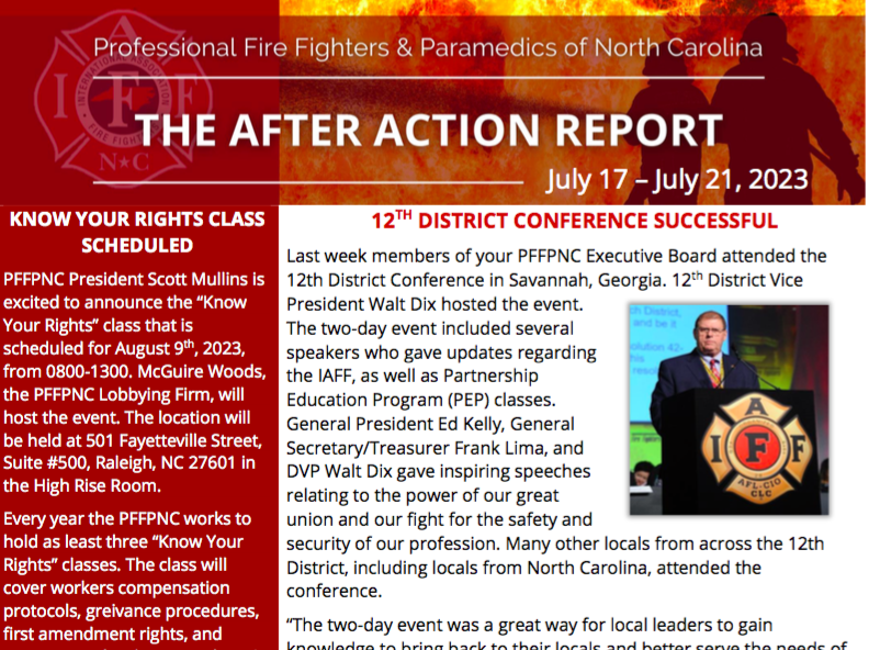 The PFFPNC e-newsletter for July 17-21 is now posted and includes a recap of the 12th District IAFF Conference held earlier this week, as well as the announcement of this year's "Know Your Rights" class to be held in Raleigh in August.

READ: pffpnc.org/newsletters/