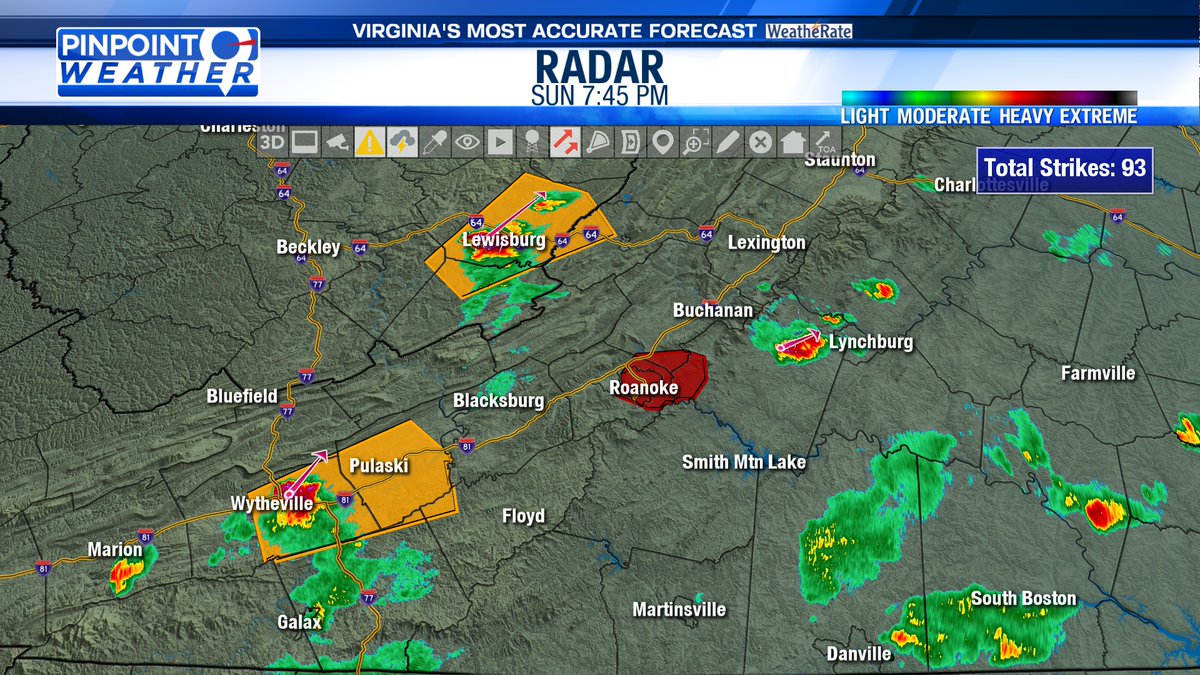 The big picture. There is a Flash Flood Warning in the Roanoke Valley until 1130 pm, there are Thunderstorm Warnings for Greenbrier and Alleghany Cos until 815 pm and for Wythe and Pulaski Cos until 830 pm. There is a strong storm in Bedford Co impacting the Lynchburg area.
#VAWX https://t.co/rcx6rIf5Ny