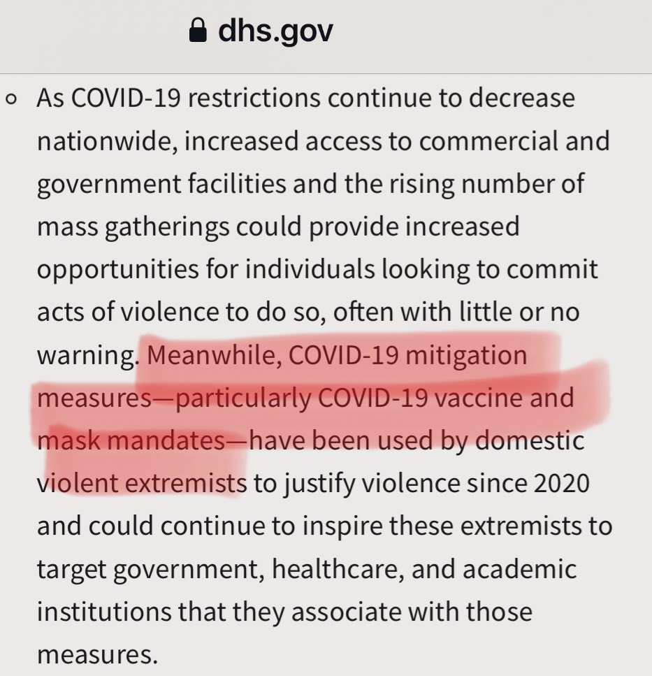 DHS said “misleading COVID-19 narratives” inspire domestic terrorists. What were those so-called narratives & conspiracies? natural immunity is real, vax doesn’t stop spread, most masks don’t work, mandates unconstitutional, virus from Chinese lab 🤔 dhs.gov/ntas/advisory/…