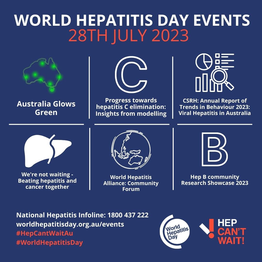 Spread the word that hepatitis can’t wait! There are many events online and in-person you can support as we approach #WorldHepatitisDay. Check out Australia's World Hepatitis Day events calendar: worldhepatitisday.org.au/events #HepCantWaitAu #WorldHepatitisDay