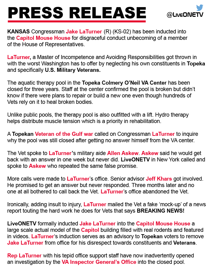 LiveONE_TV's tweet photo. @LiveONE_TV inducted Kansas Congressman Jake LaTurner into the Capitol Mouse House last week for disgraceful and career ending conduct.
His induction video will become increasingly salient as the next election is upon him.
@RepLaTurner #Focus535 https://t.co/FpgAMc3ikG
