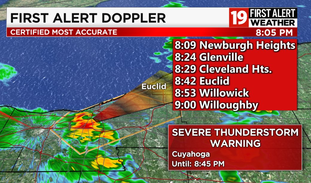 Severe storm warning until 8:45 tonight for Cuyahoga. Expect wind gusts to 60mph, and penny-sized hail. Moving NE @ 20mph.