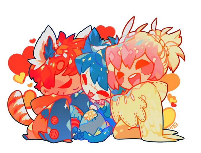 They're dressed up as lil animals I associate them with! :') #タクトワ #スロダメ #slowdamage   Red panda  Prussian blue cat  Cockatiel