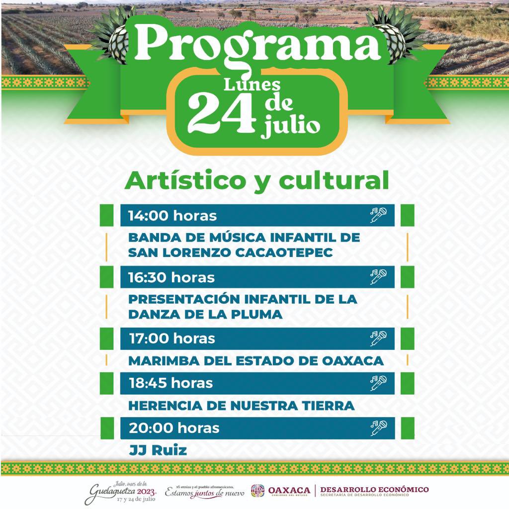 GobOax's tweet photo. Conoce el programa artístico y cultural para este lunes 24 de julio en la Feria del Mezcal Oaxaca. ¡No te pierdas las presentaciones y conciertos de la #Guelaguetza2023!

#EstamosJuntosDeNuevo #FIM2023 https://t.co/yMxaE04xb6