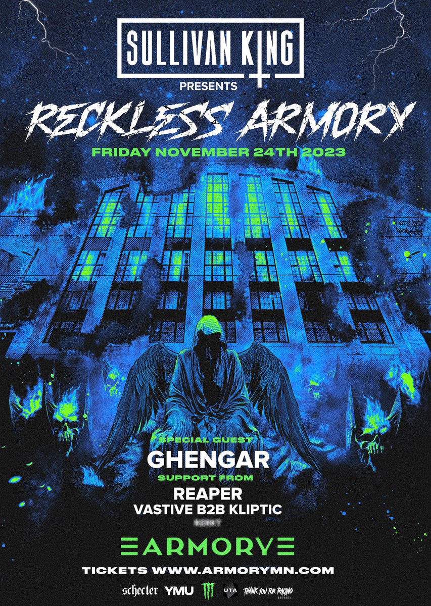 🚨ANNOUNCE+CONTEST🚨

Sullivan King Presents:
RECKLESS ARMORY

Friday 11/24 • <a href="/ArmoryMn/">ArmoryMN</a> 
Just look at this lineup!! 💯🔥🔥🔥
Presale begins July 25th 10AM CST
Full onsale begins July 26th 10AM CST

ArmoryMN.com

🎫: For a chance to win a pair of tix:
#LIKE &amp; RT