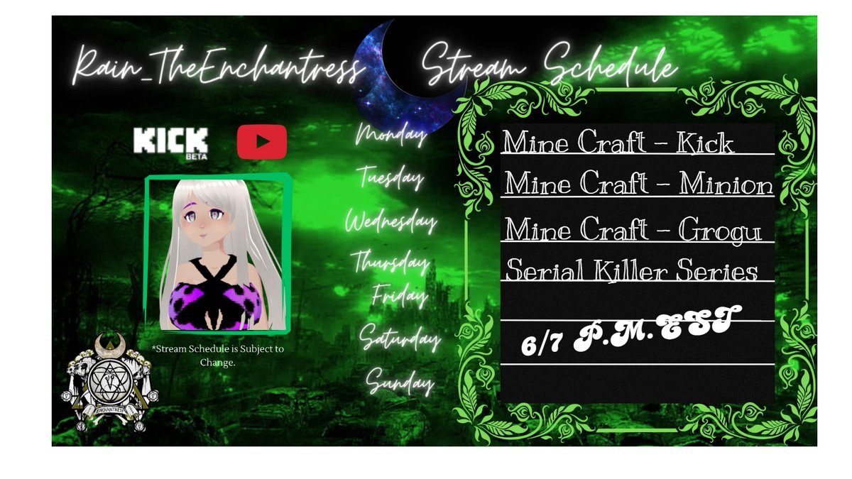 RainDk1's tweet photo. This week's schedule....Building animated characters on Mine Craft and A woman serial killer on Thursday. Thinking about doing people's names who have subscribed or gifted...Let me know
https://t.co/XYR67iIvxT
#LABOFCREATION #KickStreaming https://t.co/TFnUxw9WMz