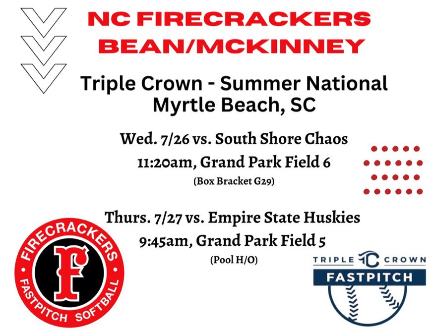 Mia Wraight (@miawraight2024) on Twitter photo We have a long week ahead of us in sunny Myrtle Beach. This is the last summer tournament. <a href="/triplecrownspts/">Triple Crown Sports</a> <a href="/FCBeanMcKinney/">Firecrackers NC Bean/McKinney</a> <a href="/CoastRecruits/">Coast 2 Coast Recruits</a> <a href="/Sports_Recruits/">SportsRecruits</a> #tcsnationals #summersoftball #firecrackers #uncommitted2024 We have a long week ahead of us in sunny Myrtle Beach. This is the last summer tournament. <a href="/triplecrownspts/">Triple Crown Sports</a> <a href="/FCBeanMcKinney/">Firecrackers NC Bean/McKinney</a> <a href="/CoastRecruits/">Coast 2 Coast Recruits</a> <a href="/Sports_Recruits/">SportsRecruits</a> #tcsnationals #summersoftball #firecrackers #uncommitted2024