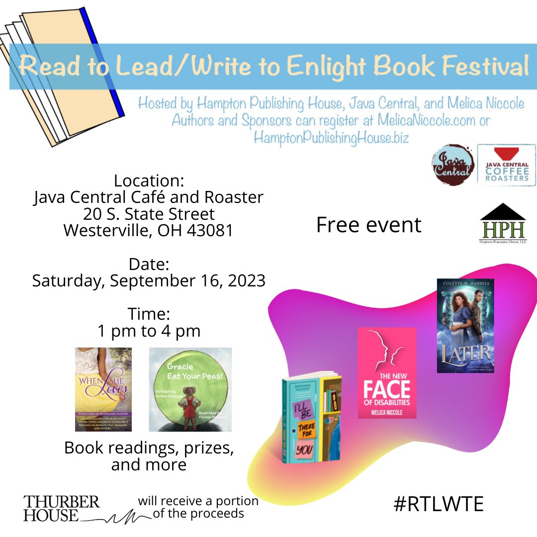 We are less than two months from the 2nd Annual Read to Lead/Write to Enlight Book Festival. We hope you plan to attend, register as a sponsor or author, or find creative ways to support theses authors. #ReadtoLead #WritetoEnlight #RTLWTE #westerville  #Ohio