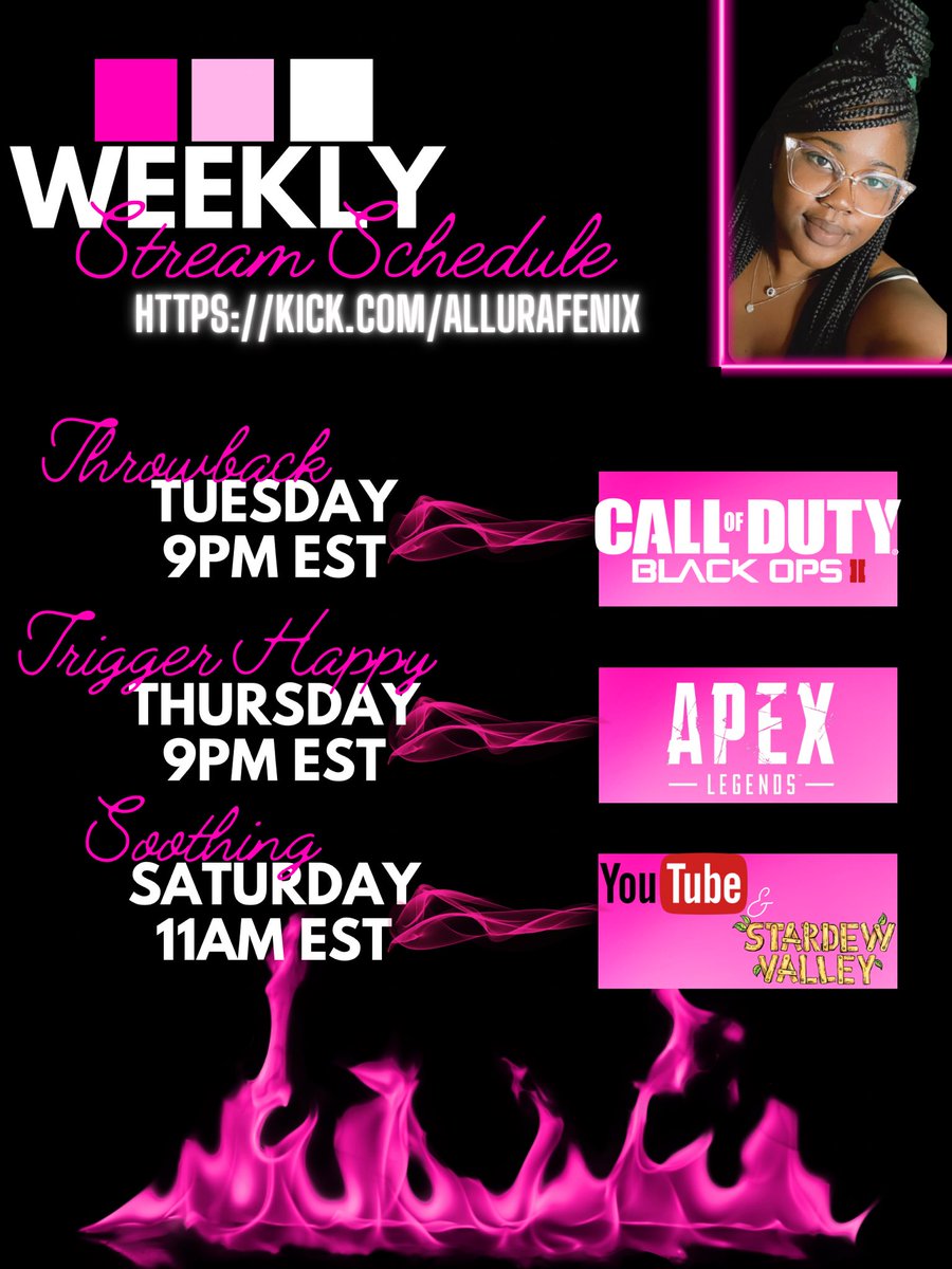 FenixNoir_'s tweet image. Consistency is 🔑

This upcoming week’s stream schedule 💕

Make sure y’all tune in for the #CODBlackops2 Nostalgia 💣 this Tuesday! 
 
🐝👉🏾OR🐝🟨

kick.com/allurafenix

#kickstreaming #gaming #gamergirl #codbo2