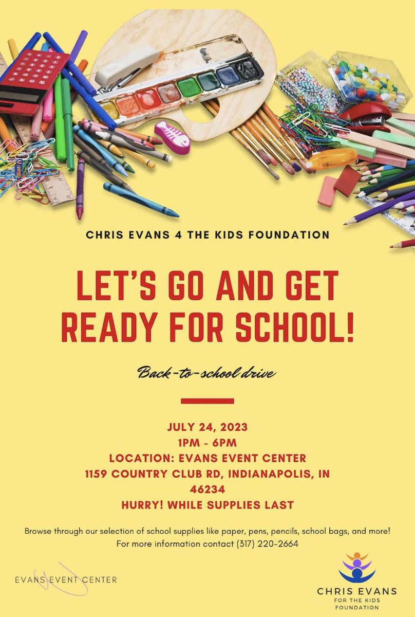 Evans Event Center LLC has teamed up with the mom for profit CE4K - Chris Evans For Kids Foundation to have a free school supply GIVE AWAY tomorrow!! *Tax Deductible Donations accepted after 10am #CE4K #SchoolSupplyGiveawayindianapolis