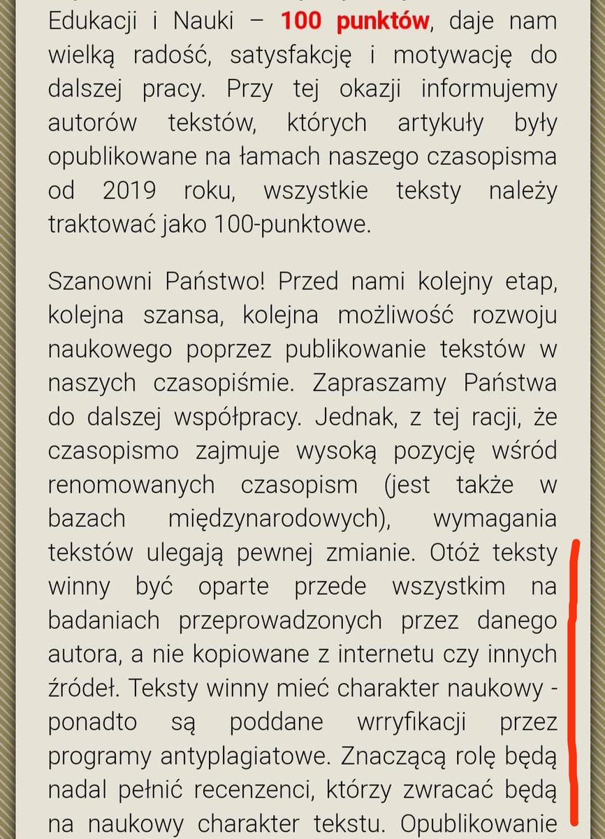 MZmihorski's tweet photo. Tu widzimy, jaki poziom naukowy prezentują niektóre polskie czasopisma otrzymujące zaskakująco wysokie punkty od ministra. Tu redakcja cieszy się, że ma 100, ale też informuje autorów, że, niestety, koniec kopiowania, teraz trzeba pisać samodzielnie, itp. https://t.co/fj2C1qNGim
