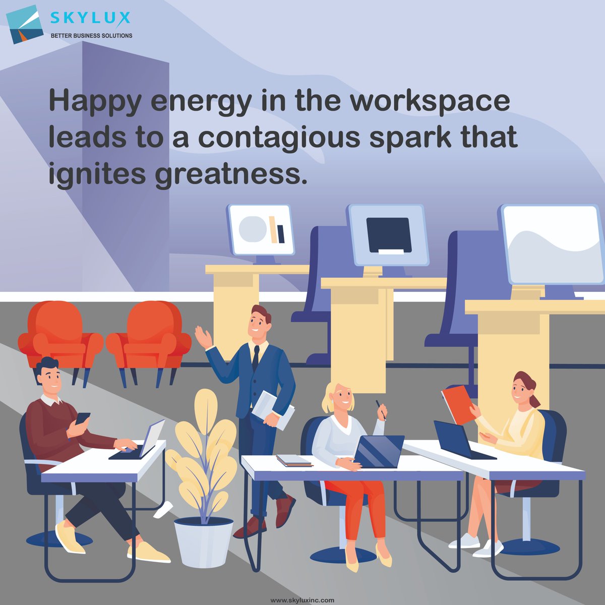 skylux_inc's tweet image. Happy energy in the workspace leads to a contagious spark that ignites greatness. #Genesys #contactcentersolutions #callcentersolution #skyluxinc