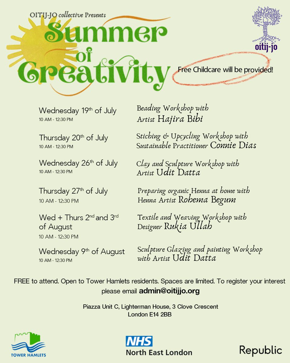 Oitijjo's tweet photo. #SummerofCreativity continues with workshops + free childcare/ children's activities in #OitijjoUnit @RepublicLDN. 

Open to #TowerHamlet residents.

Limited space. Book yours today, Email : admin@oitijjo.org . 

#Free #workshop #arts #crafts #design https://t.co/I8EqxDyhqz