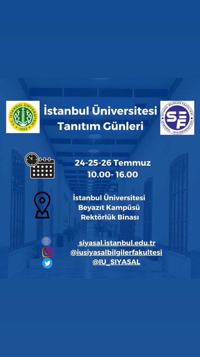 Tüm aday öğrencilerimizi bekliyoruz📚 #İstanbulSiyasal #SiyasalBilgilerFakültesi
#SiyasetBilimiveKamuYönetimi
#SiyasetBilimiveUluslararasıİlişkiler
#İşletme