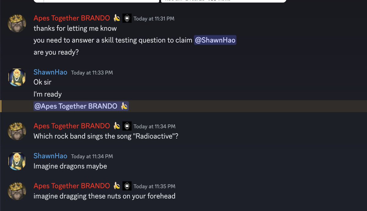 after <a href="/ShawnHao21/">HAWAIIAN21$BEYOND</a> won and claimed his $500 prize on ApeSpaces by <a href="/ATSNFT/">Apes Together Strong NFT</a> tonight, we had a scammer try and claim it hours after.

took care of business as per usual. 

gg noob.