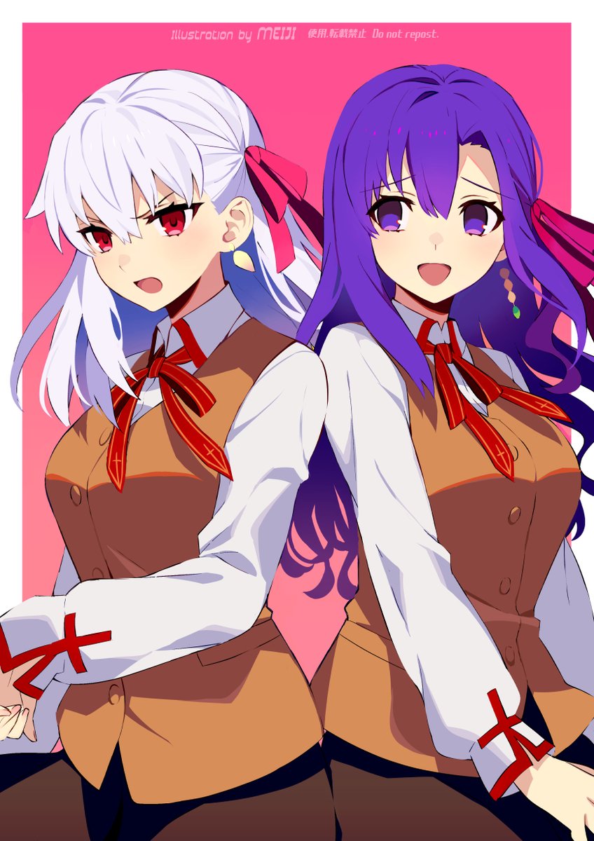 kama (fate) ,matou sakura multiple girls 2girls ribbon red eyes purple hair long hair school uniform  illustration images