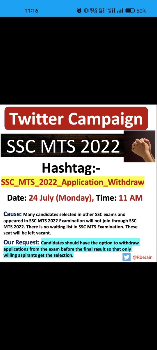 PlawatVivek's tweet photo. No waiting list in SSC MTS
1 vacancy = 1 family happiness
Candidates unwilling to join through SSC MTS 2022 must have the option to withdraw applications from the exam before the final result
@DoPTGoI
 
@DoptSecretary

@DoPTGoI

@drjitendrasingh #SSC_MTS_2022_Application_Withdraw https://t.co/a4AcoHh1Zq