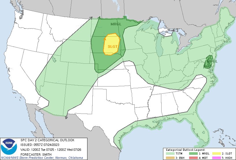 NWSSPC's tweet photo. 12:59am CDT #SPC Day2 Outlook Slight Risk: central and eastern South Dakota https://t.co/Y1WiOd8TQQ https://t.co/zLe6hBmlXX