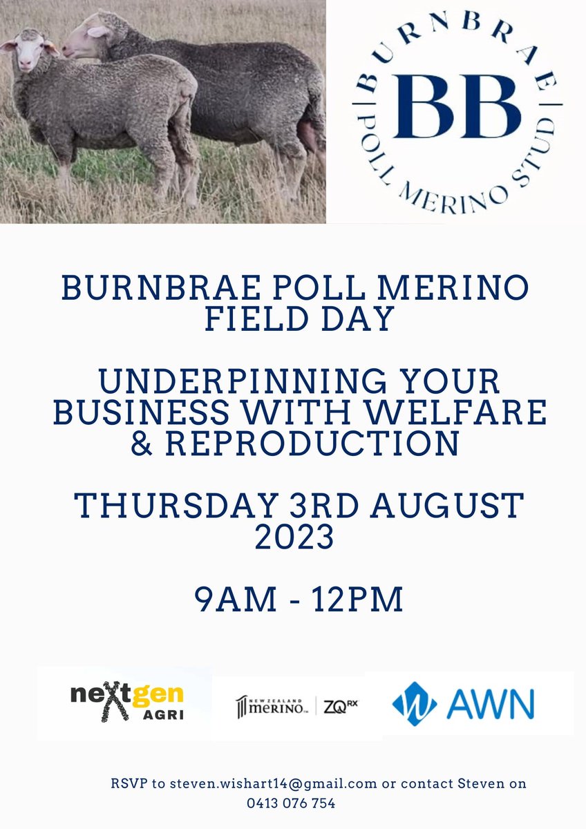 awn_rural's tweet photo. 📢 Burnbrae Poll Merino Field Day—Underpinning Your Business with Welfare & Reproduction 📢
⏲️ 9am -12pm Thursday, 3rd August 2023
📲 RSVP to Steven by 1st August
E: steven.wishart14@gmail.com
M: 0413 076 754
#burnbrae #pollmerino #fieldday #nextgenagri #ZQRX #NZMC #awn https://t.co/QUXSIjFjvs