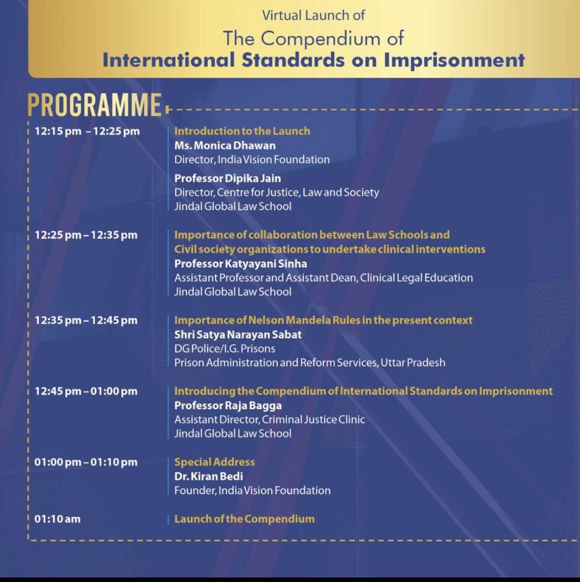 thekiranbedi's tweet photo. Launch of a compendium of International Standards on Imprisonment. A collaborative effort of #UPPrisons Adm, #JindalLawSchool and India Vision Foundation @IVFoundation @BPRDIndia @mygovindia https://t.co/lzOdpdkcb1