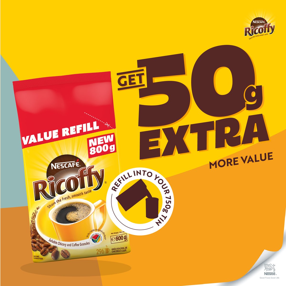Give your pockets a break and enjoy 50g extra with NESCAFÉ RICOFFY 800g Value Refill pack.
#NescafeRicoffy800g #50gExtra #MoreValue