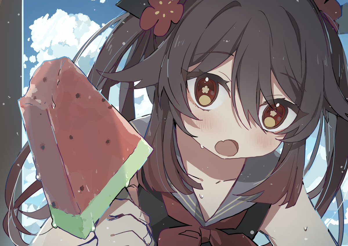hu tao (genshin impact) 1girl food popsicle twintails brown hair open mouth red eyes  illustration images