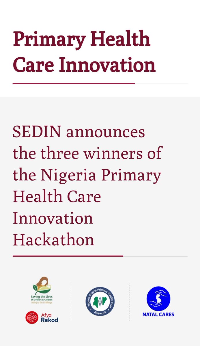 natal_cares's tweet image. NATAL CARES 

Big News as Natal Cares has been selected as one of The Three winners of the Nigeria Primary Healthcare Innovation Hackathon. A huge one indeed and we can&apos;t wait to see all of the awesomeness that accompanies this win. 
Thanks Giz for this wonderful opportunity