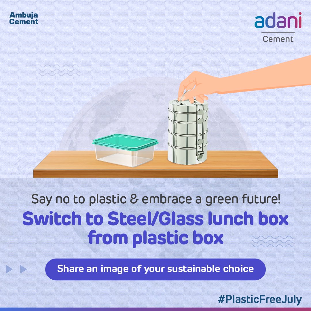 AmbujaCementACL's tweet photo. This #PlasticFreeJuly, it’s time to put an end to plastic dependency by opting for sustainable alternatives! Carry your food in eco-friendly lunch boxes like steel or glass.
Share your image and stand a chance to feature on our page.
#ThisIsAdaniCement #PlasticNegative #NetZero https://t.co/Pe5jKm7pyu