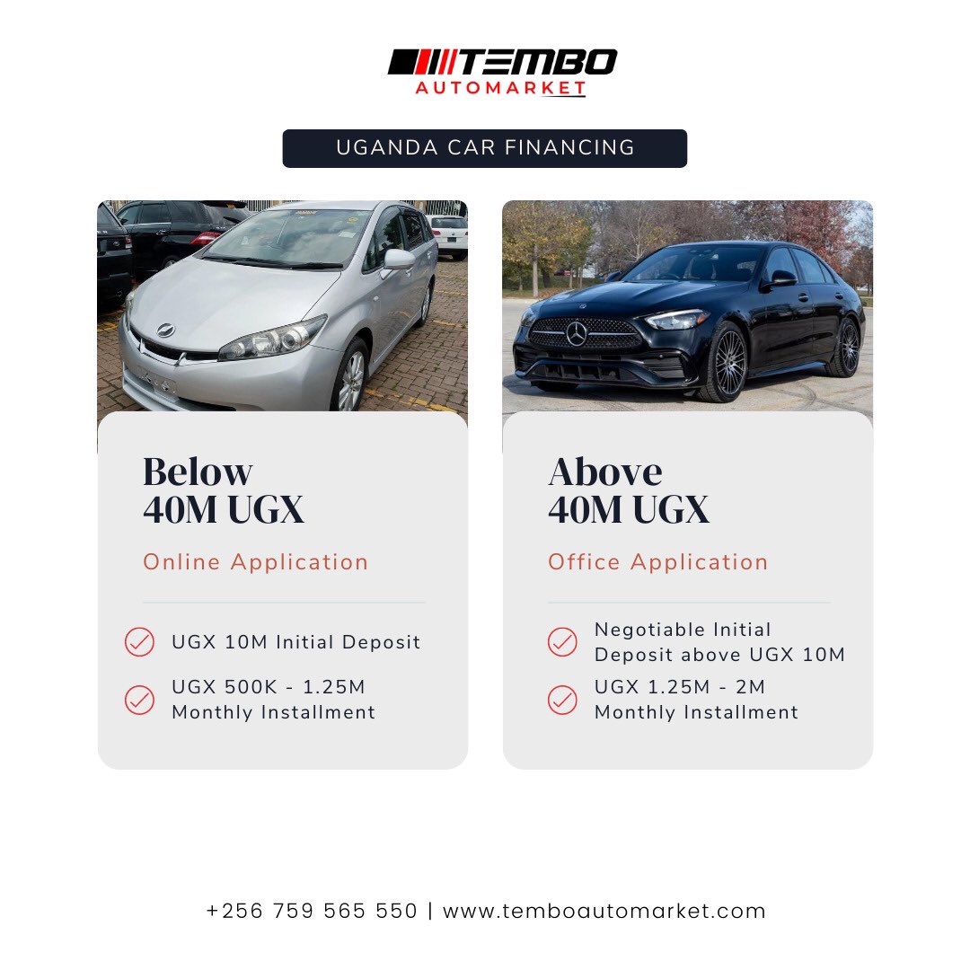 💼💲 Tailored Financing for All Budgets! 💲💼

Get the car you desire with Tembo Automarket's versatile options! For budgets below 40M UGX, we offer affordable plans. If you seek luxury, explore our collection above 40M UGX. Your dream car, your way! 🚙✨ #DriveNow #TemboHotDeal