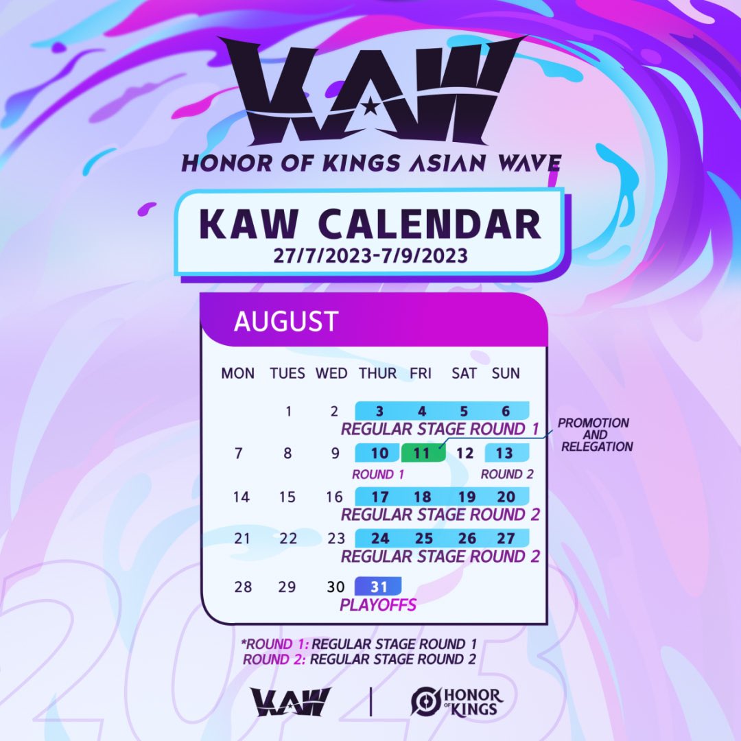 HoKEsports's tweet photo. #2023KAW Here comes the MATCH SCHEDULE
KAW S2 Overall Match Time: 27/7 -7/9 

Regular Stage Round 1: 27/7-10/8 

Promotion and Relegation: 11/8

Regular stage Round 2: 13/8-27/8 

Playoffs: 31/8-6/9

Finals: 7/9 

Let's look forward to the exciting performances of each team! 🎉 https://t.co/uvpg0otYKc