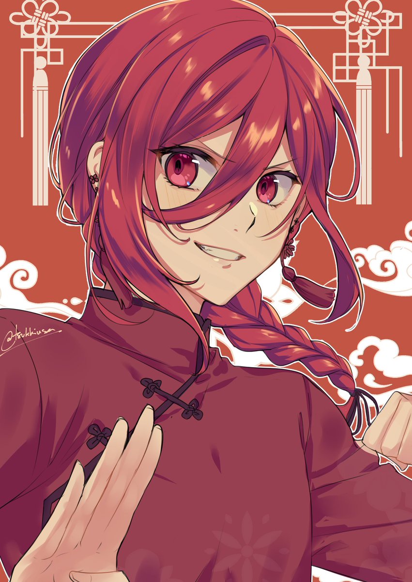 red hair solo red eyes hair between eyes braid 1boy male focus  illustration images